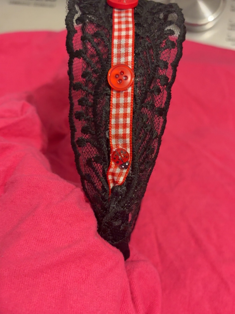 Black Lace Headband with Red Gingham Ribbon and Button/ladybug detailing